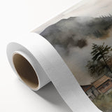 Vintage Landscape Art – Misty Mountain Village with Traditional Architecture – Antique Asian Wall Art