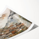 Vintage Landscape Art – Misty Mountain Village with Traditional Architecture – Antique Asian Wall Art