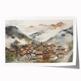 Vintage Landscape Art – Misty Mountain Village with Traditional Architecture – Antique Asian Wall Art
