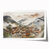 Vintage Landscape Art – Misty Mountain Village with Traditional Architecture – Antique Asian Wall Art