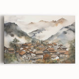 Vintage Landscape Art – Misty Mountain Village with Traditional Architecture – Antique Asian Wall Art