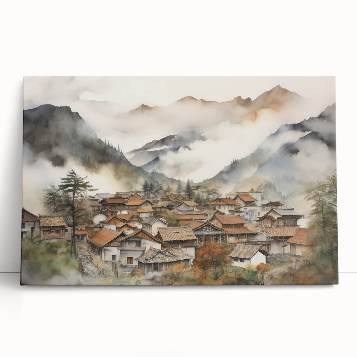 Vintage Landscape Art – Misty Mountain Village with Traditional Architecture – Antique Asian Wall Art