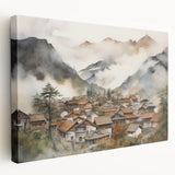 Vintage Landscape Art – Misty Mountain Village with Traditional Architecture – Antique Asian Wall Art