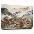 Vintage Landscape Art – Misty Mountain Village with Traditional Architecture – Antique Asian Wall Art