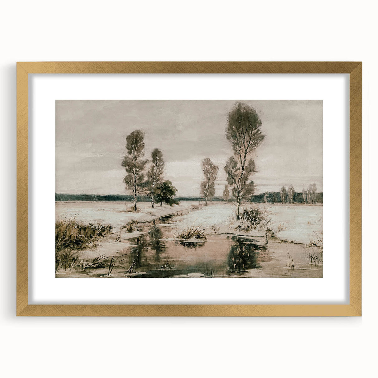 Vintage Landscape Art: Winter Trees and Frozen Stream Print