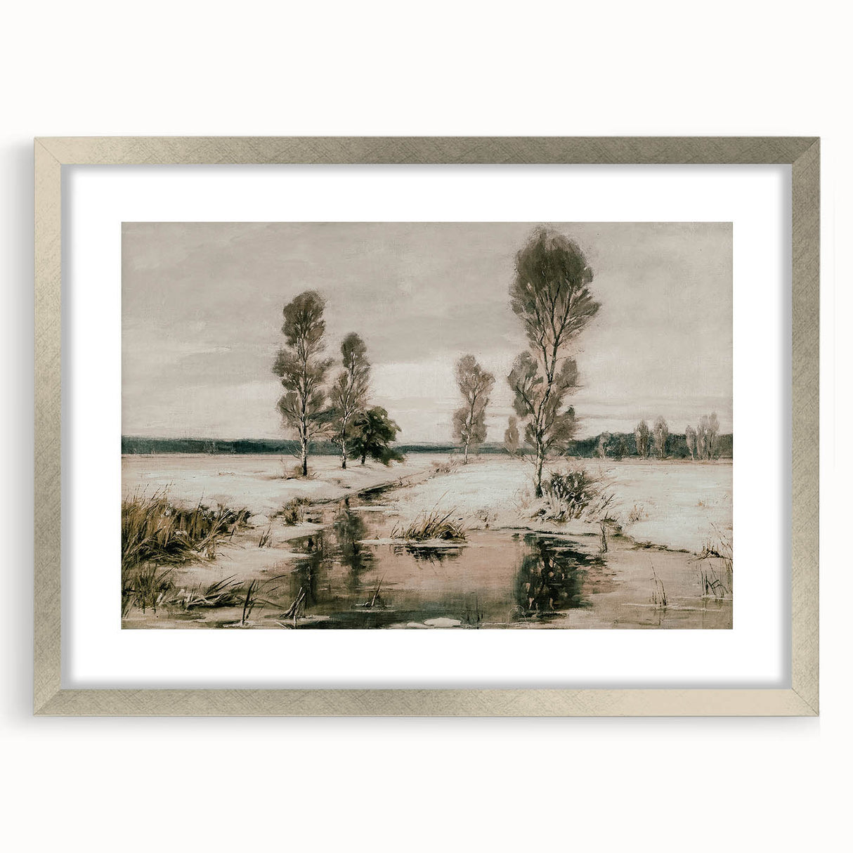 Vintage Landscape Art: Winter Trees and Frozen Stream Print
