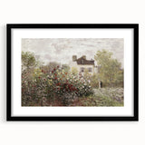 Vintage Landscape Art: Garden and House Print with Flowers