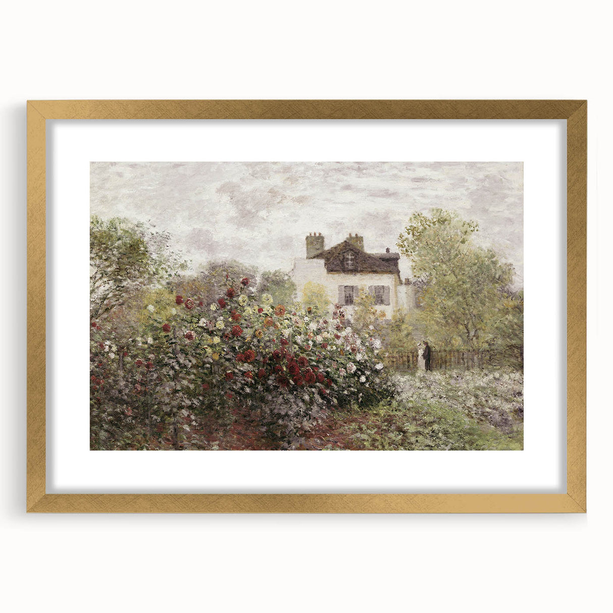 Vintage Landscape Art: Garden and House Print with Flowers