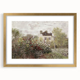 Vintage Landscape Art: Garden and House Print with Flowers