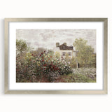 Vintage Landscape Art: Garden and House Print with Flowers