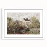 Vintage Landscape Art: Garden and House Print with Flowers