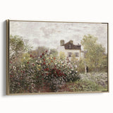 Vintage Landscape Art: Garden and House Print with Flowers