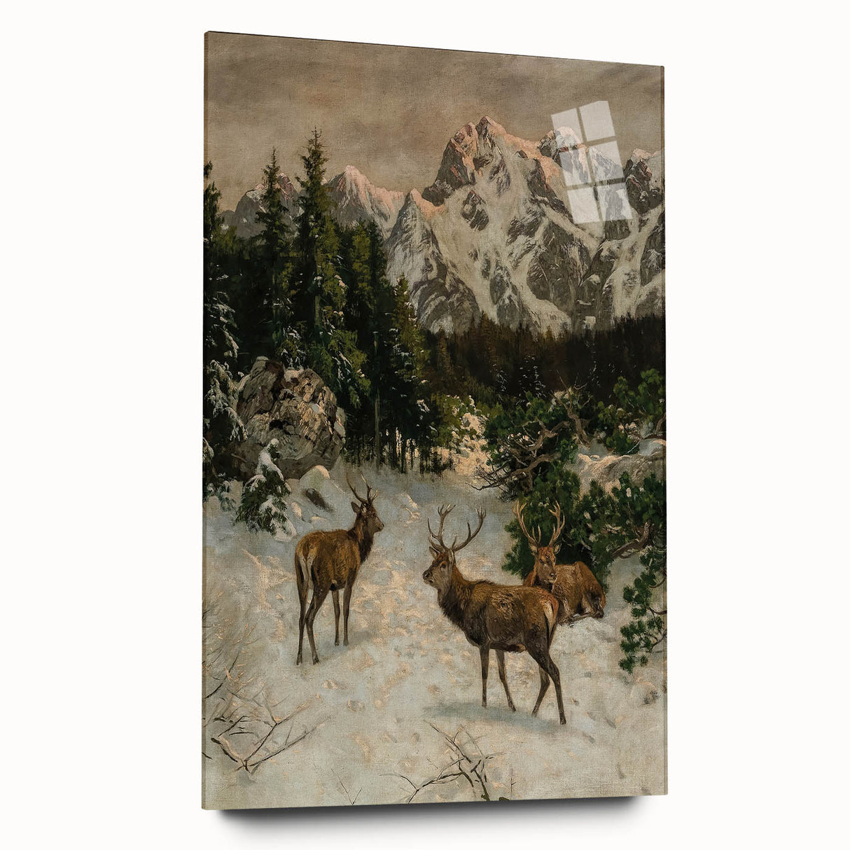 Vintage Winter Wildlife Art – Classic Stag & Mountain Scene Print