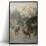 Vintage Winter Wildlife Art – Classic Stag & Mountain Scene Print