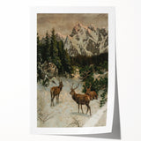 Vintage Winter Wildlife Art – Classic Stag & Mountain Scene Print