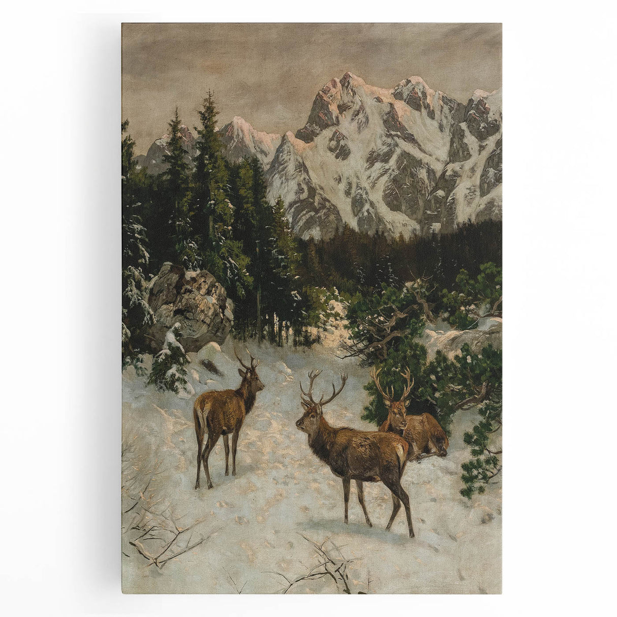 Vintage Winter Wildlife Art – Classic Stag & Mountain Scene Print