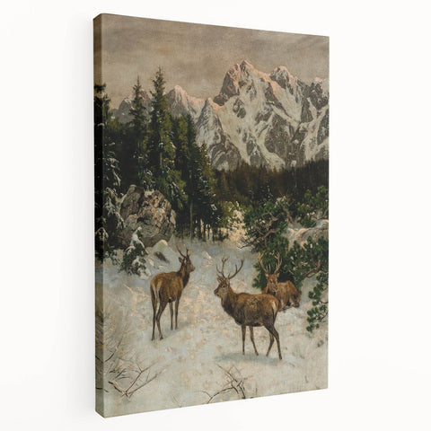Vintage Winter Wildlife Art – Classic Stag & Mountain Scene Print