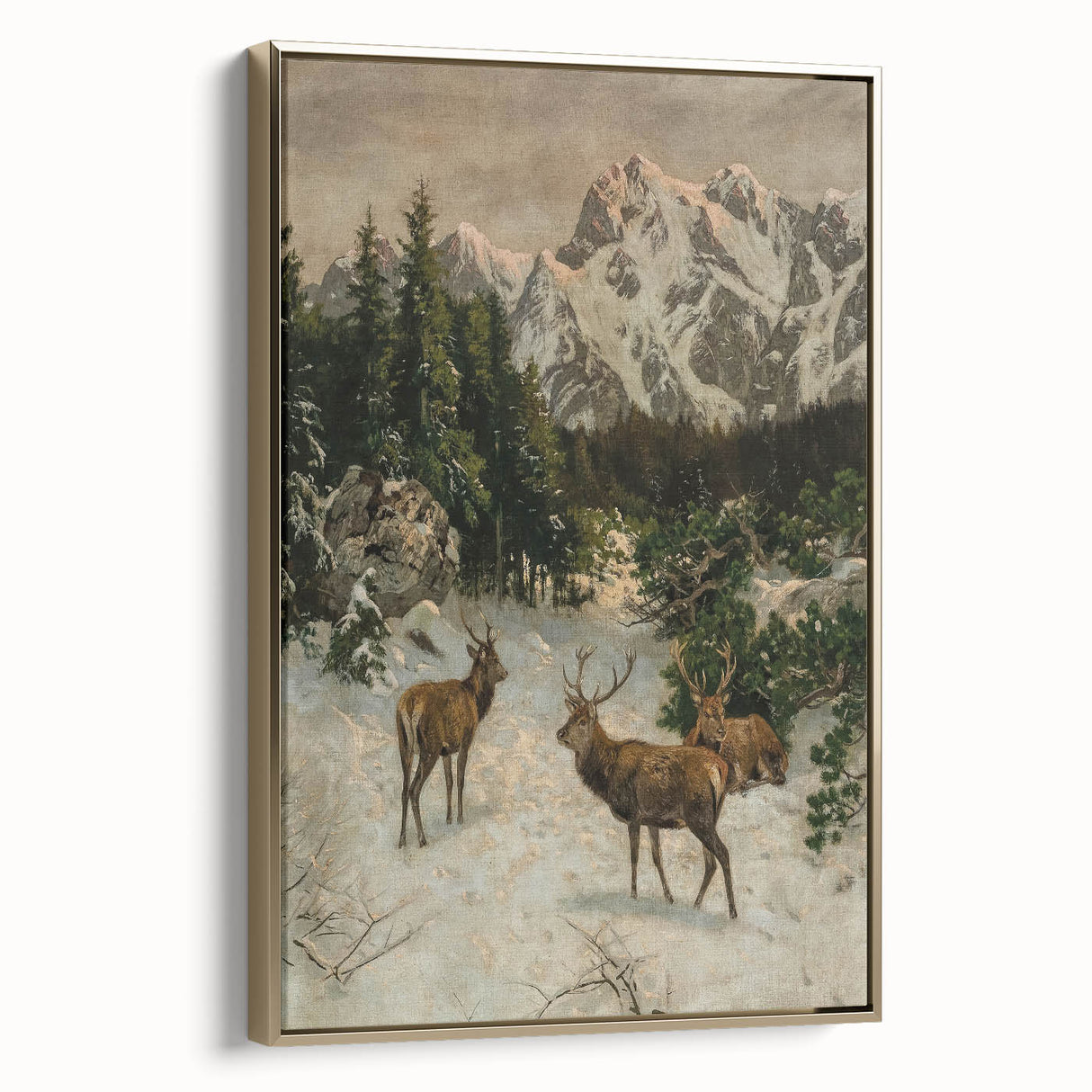 Vintage Winter Wildlife Art – Classic Stag & Mountain Scene Print