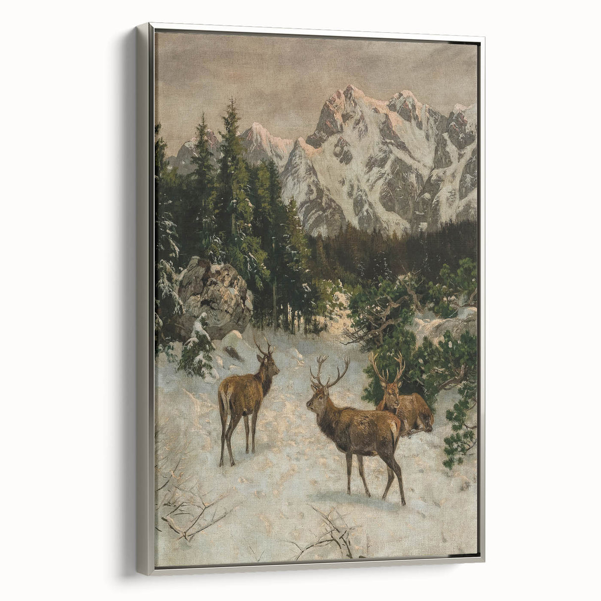Vintage Winter Wildlife Art – Classic Stag & Mountain Scene Print