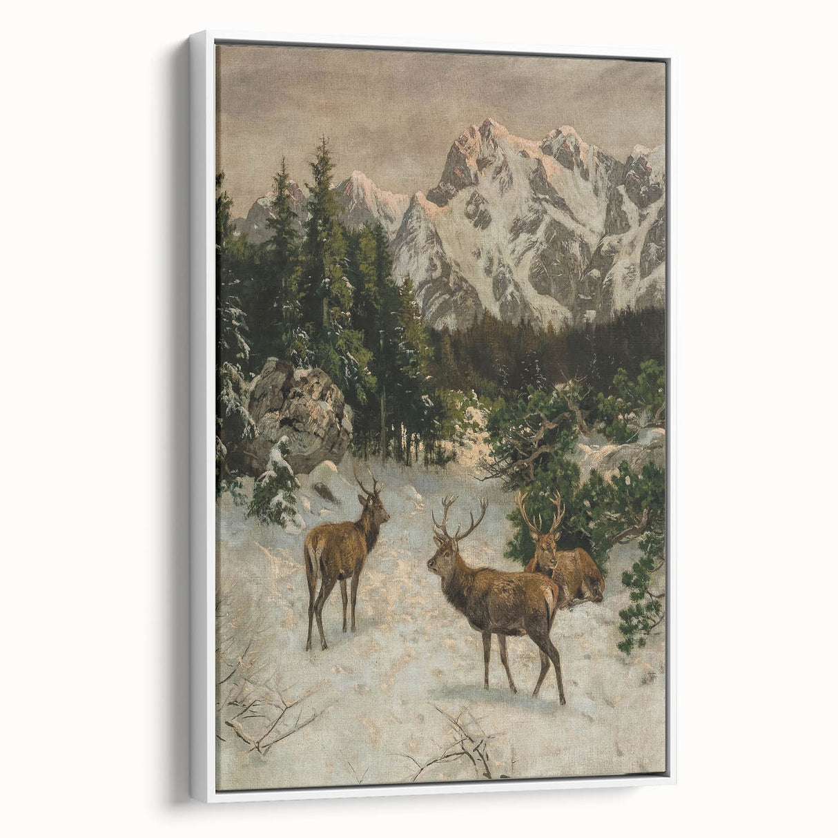 Vintage Winter Wildlife Art – Classic Stag & Mountain Scene Print