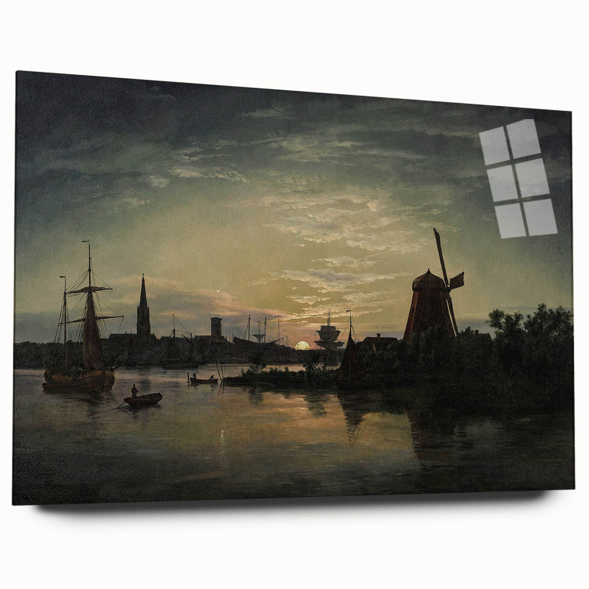 Vintage Sunset Harbor Art - Sailboats and Windmill Canvas
