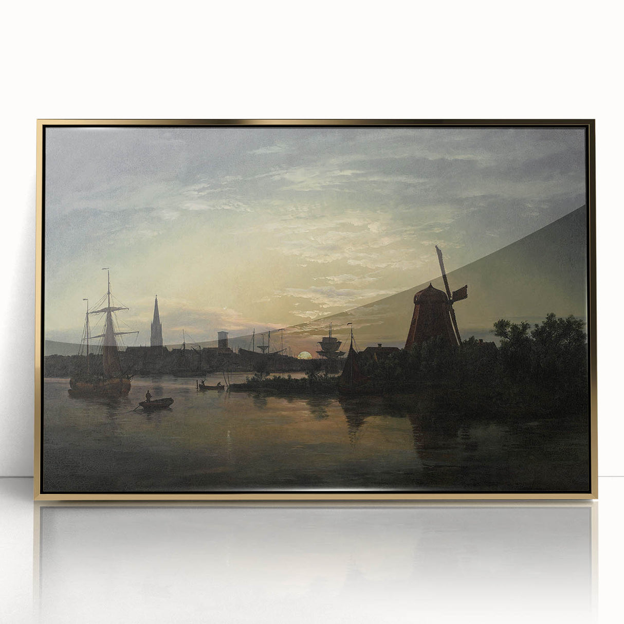 Vintage Sunset Harbor Art - Sailboats and Windmill Canvas