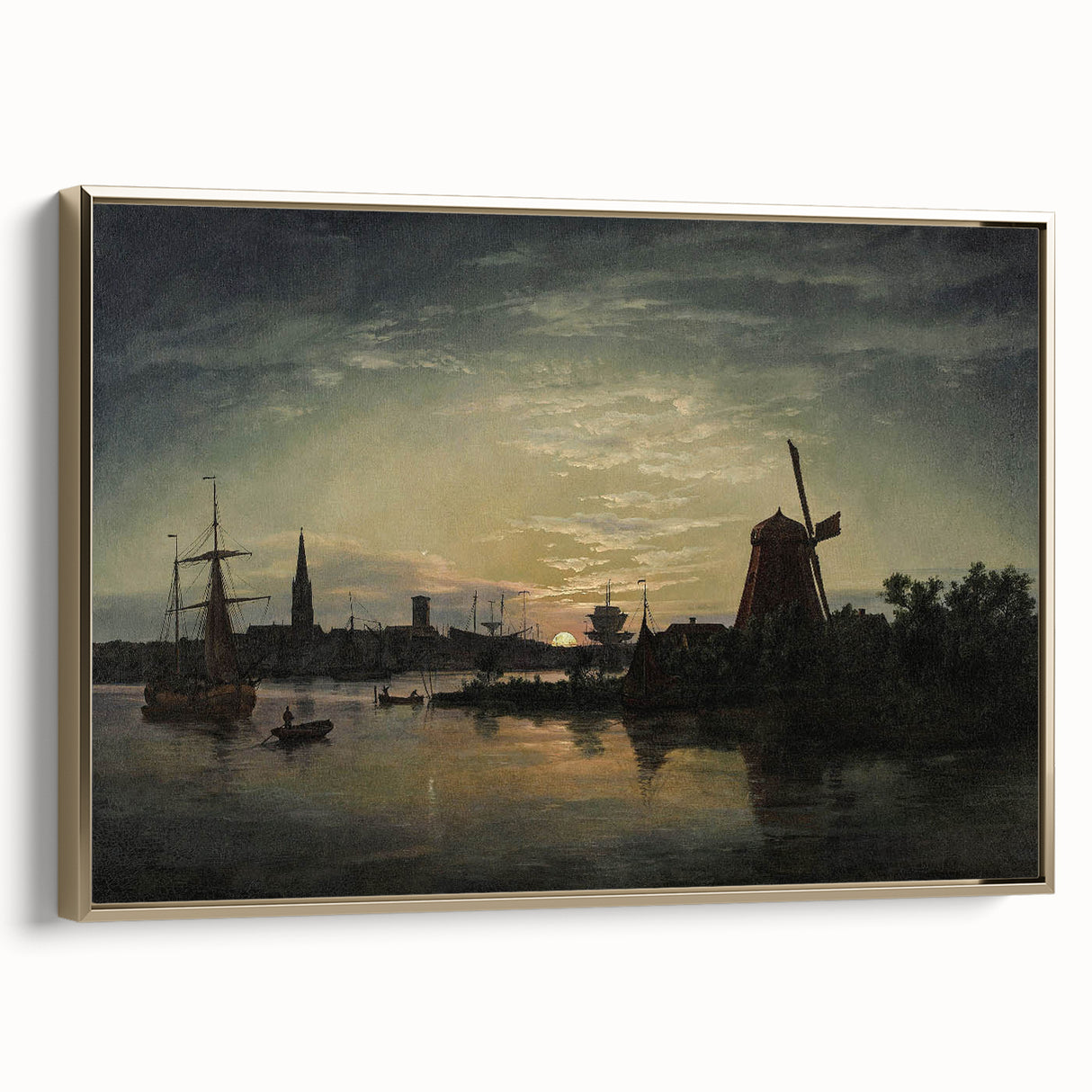 Vintage Sunset Harbor Art - Sailboats and Windmill Canvas