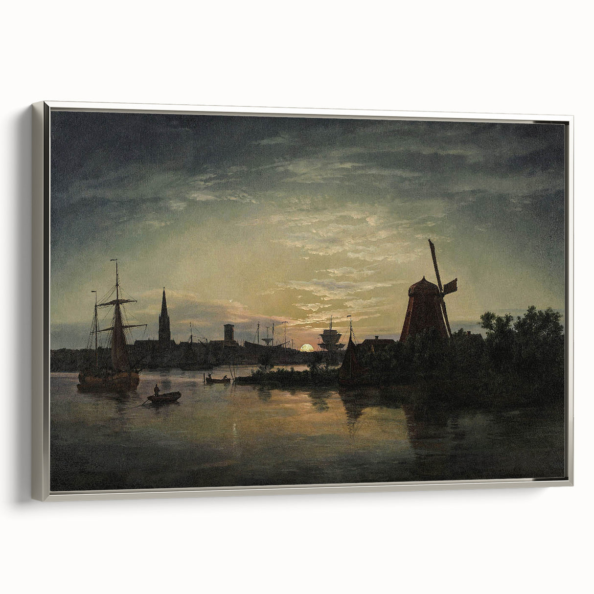 Vintage Sunset Harbor Art - Sailboats and Windmill Canvas