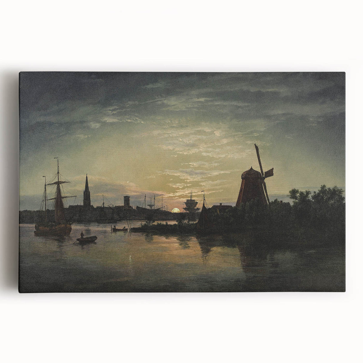 Vintage Sunset Harbor Art - Sailboats and Windmill Canvas