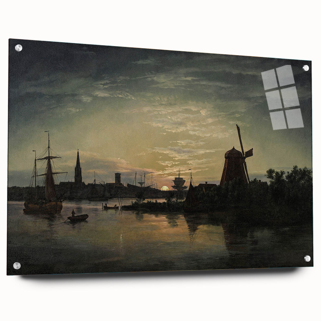 Vintage Sunset Harbor Art - Sailboats and Windmill Canvas