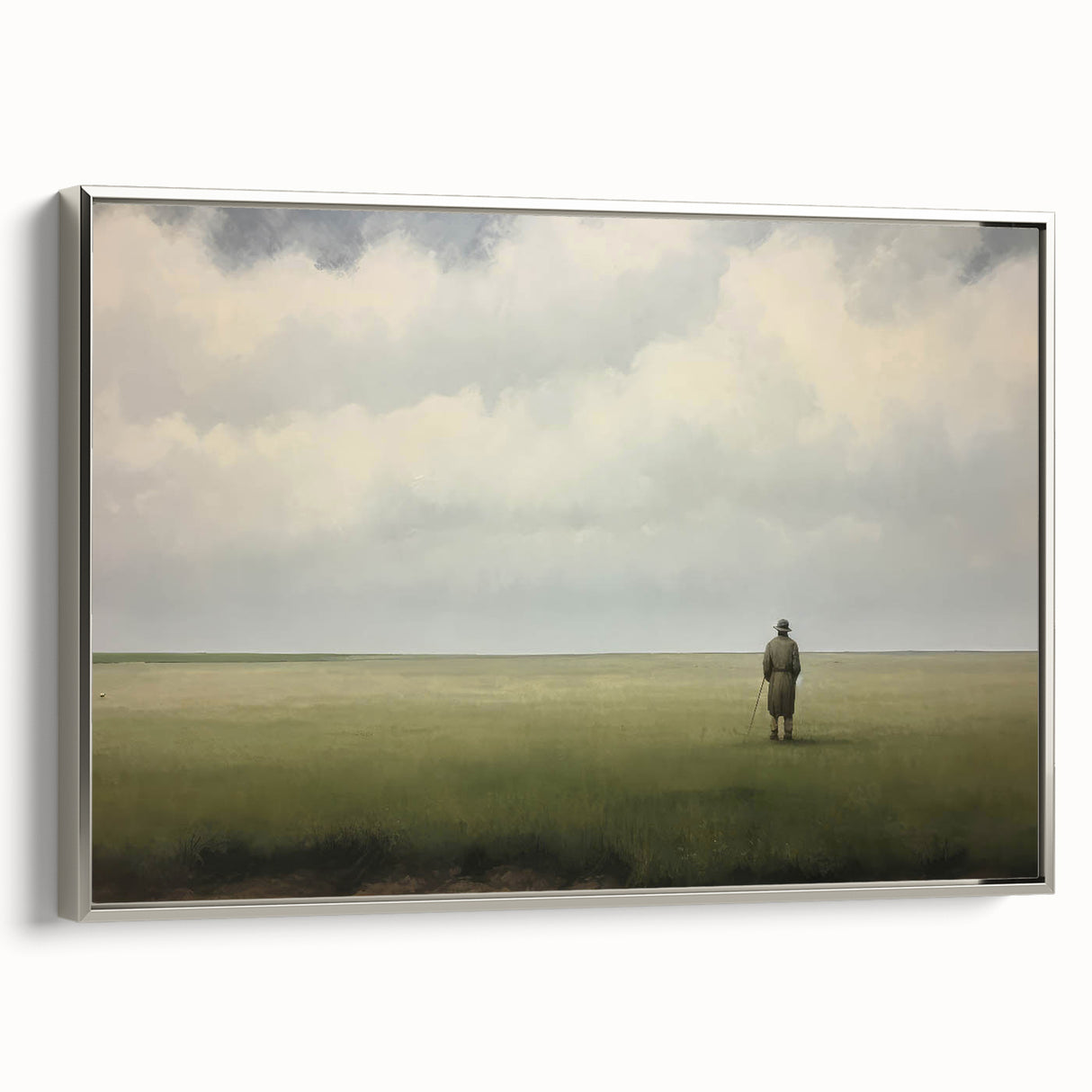 Vintage Portrait Art | Man in Vast Field Under Cloudy Sky