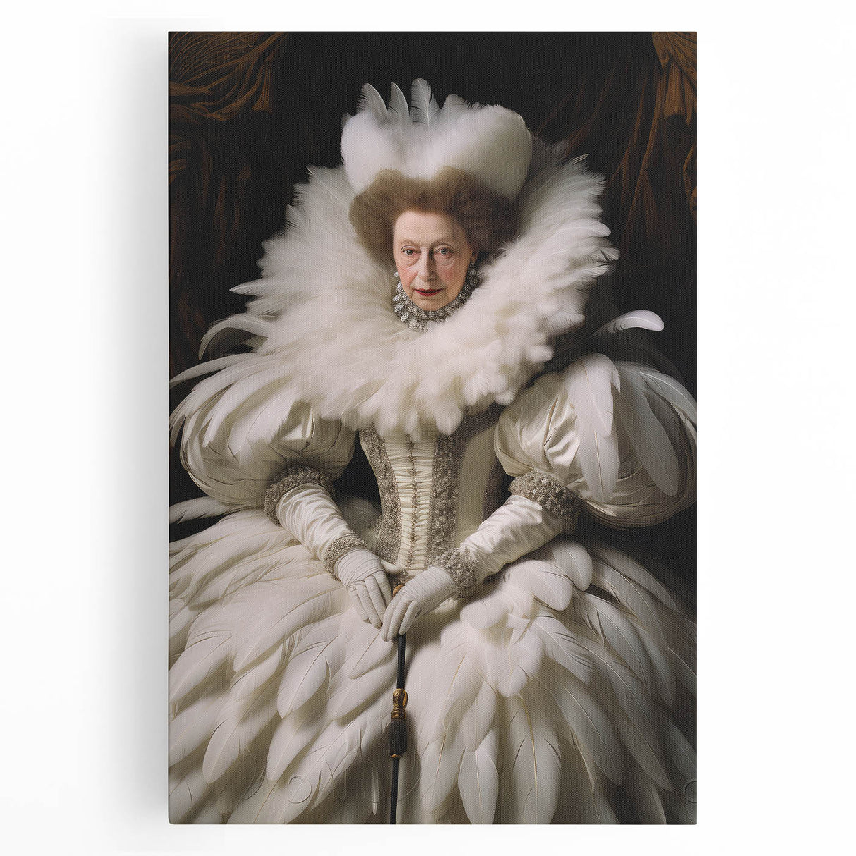 Antique Portrait Prints - Regal Lady in Feathered Gown Canvas Art
