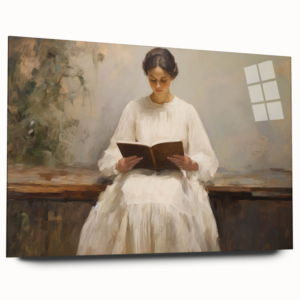 Vintage Portrait Art | Woman Reading on Rustic Bench