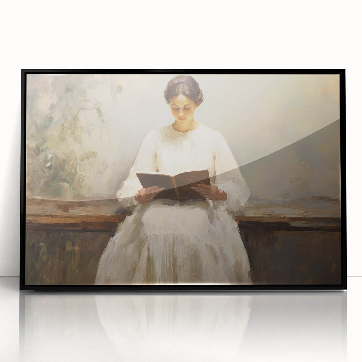 Vintage Portrait Art | Woman Reading on Rustic Bench