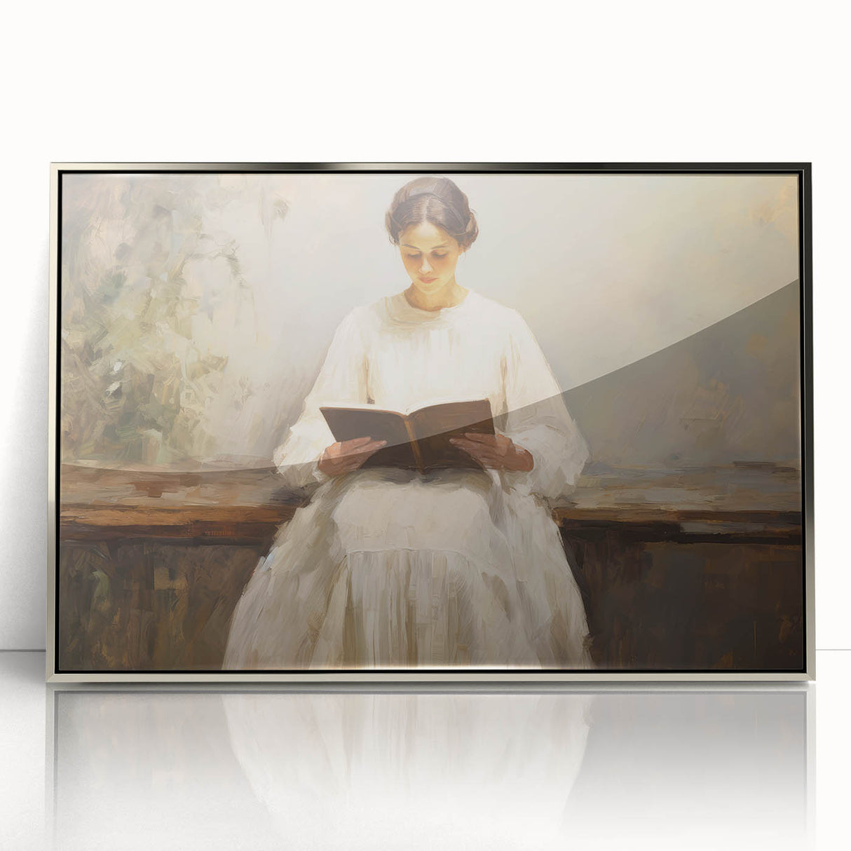Vintage Portrait Art | Woman Reading on Rustic Bench