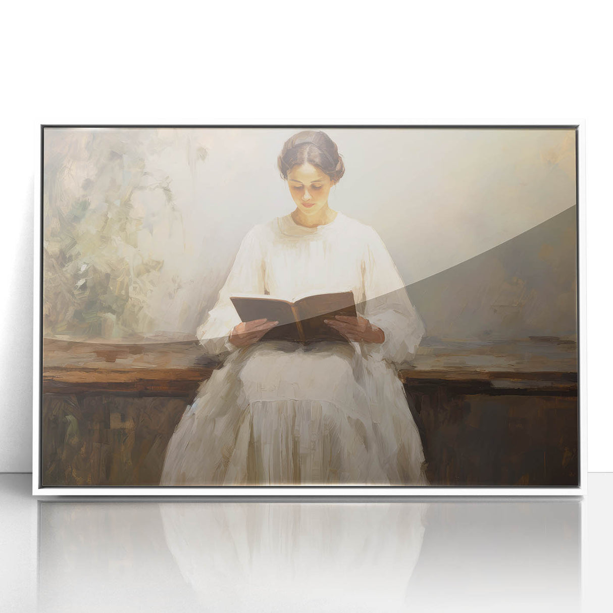 Vintage Portrait Art | Woman Reading on Rustic Bench
