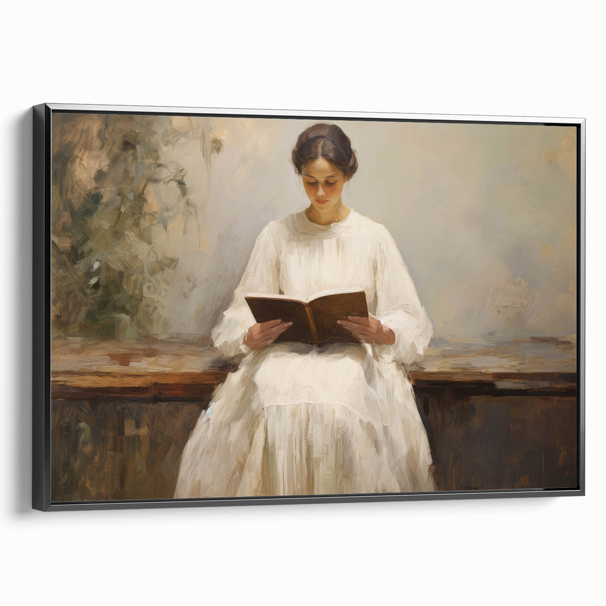 Vintage Portrait Art | Woman Reading on Rustic Bench