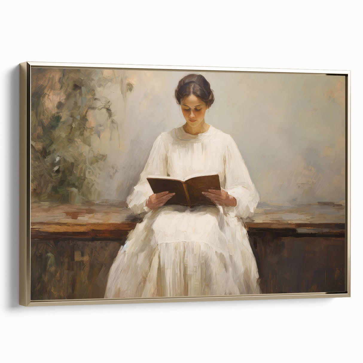 Vintage Portrait Art | Woman Reading on Rustic Bench