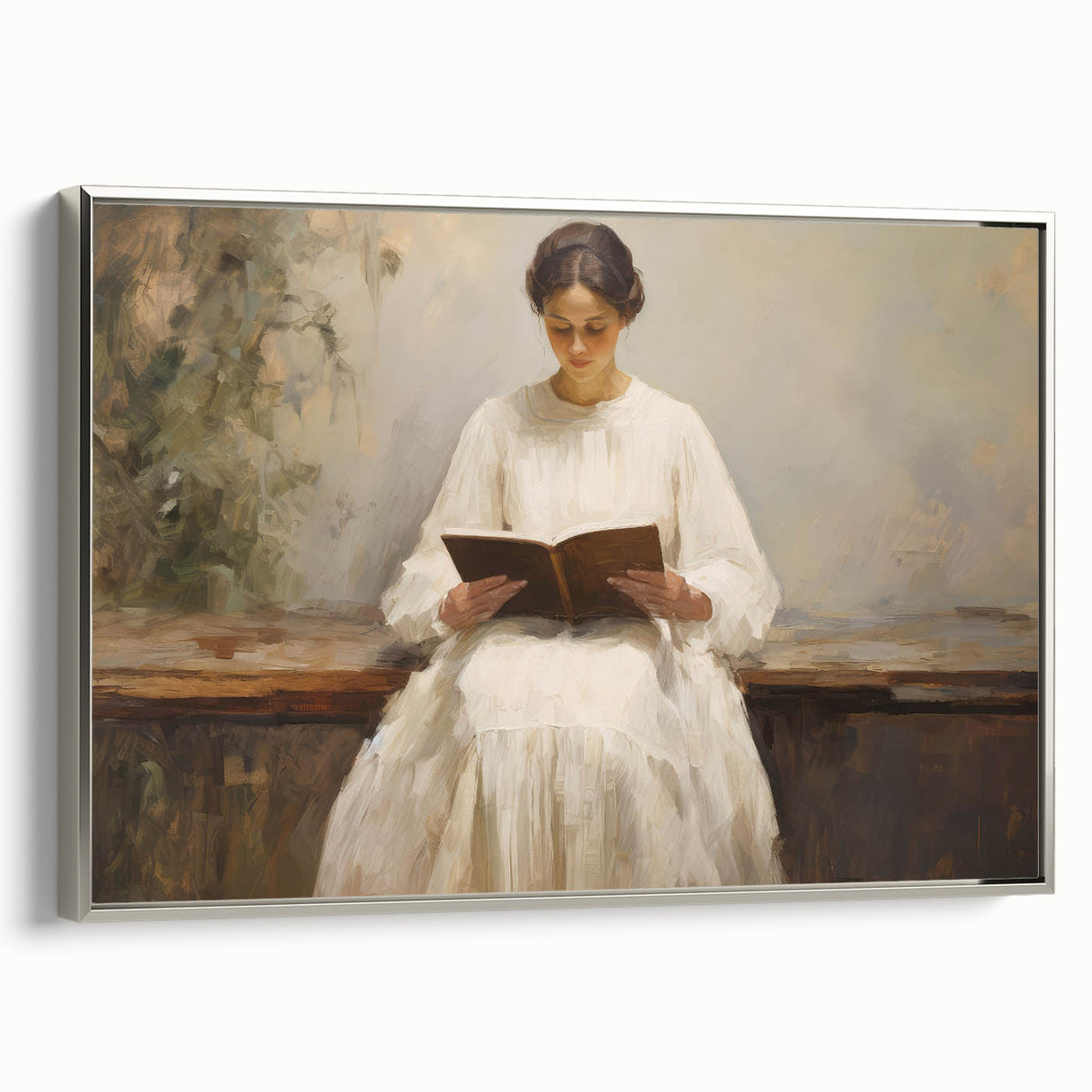 Vintage Portrait Art | Woman Reading on Rustic Bench