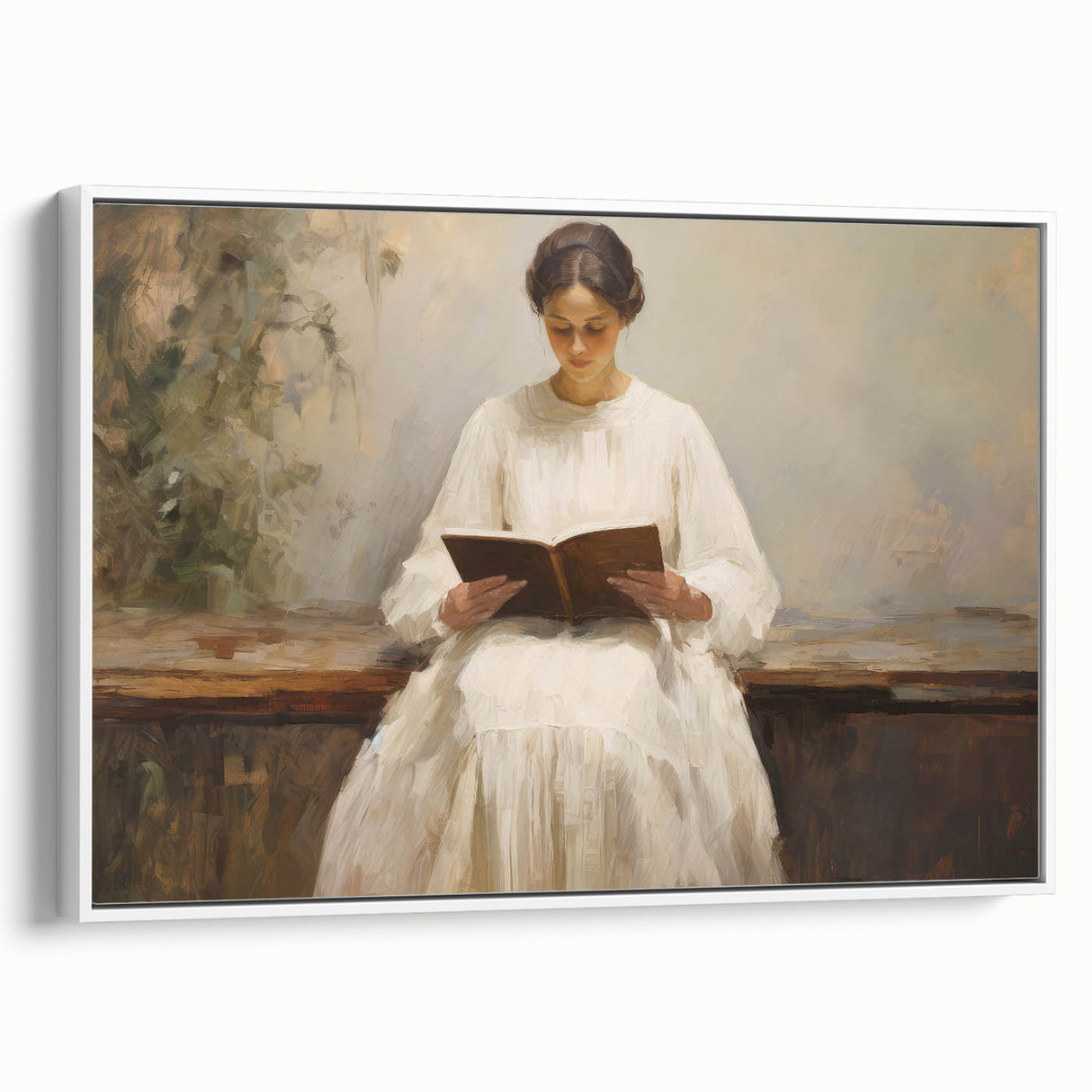 Vintage Portrait Art | Woman Reading on Rustic Bench
