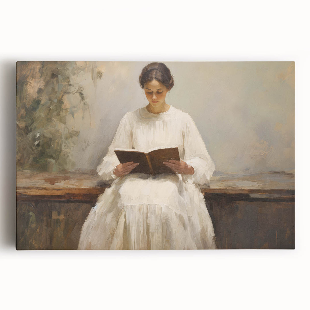 Vintage Portrait Art | Woman Reading on Rustic Bench