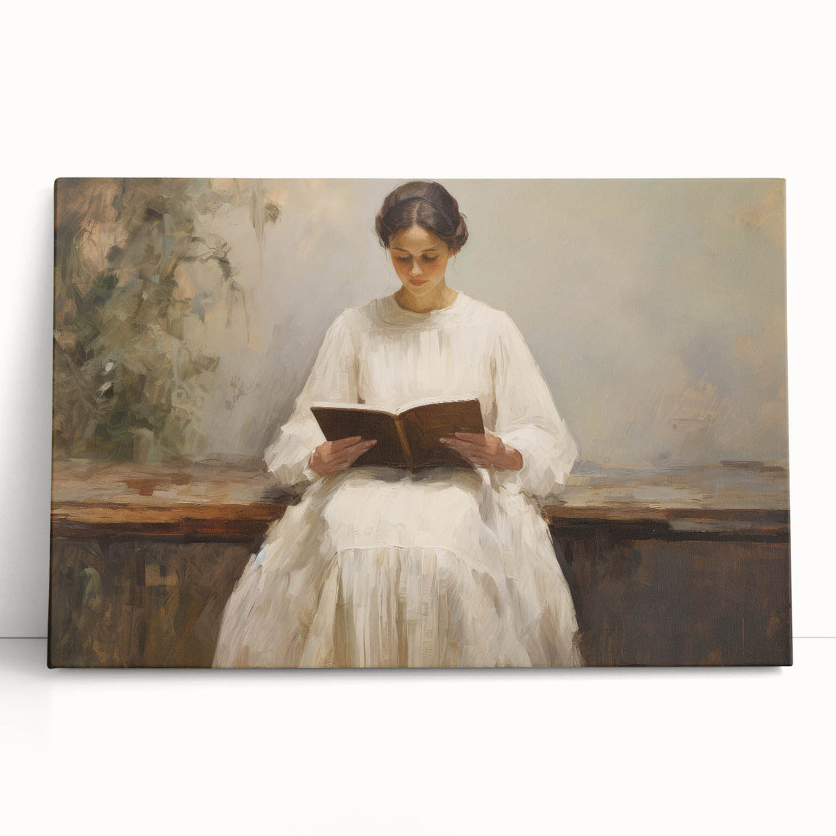 Vintage Portrait Art | Woman Reading on Rustic Bench