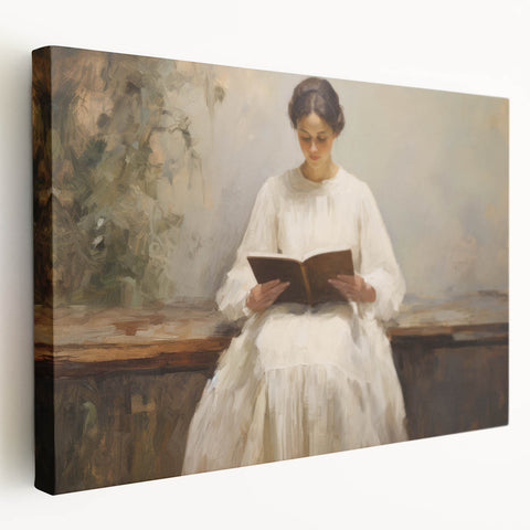 Vintage Portrait Art | Woman Reading on Rustic Bench