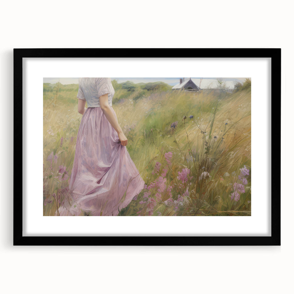Vintage Portrait Art | Woman in Flower Field with Lilac Dress