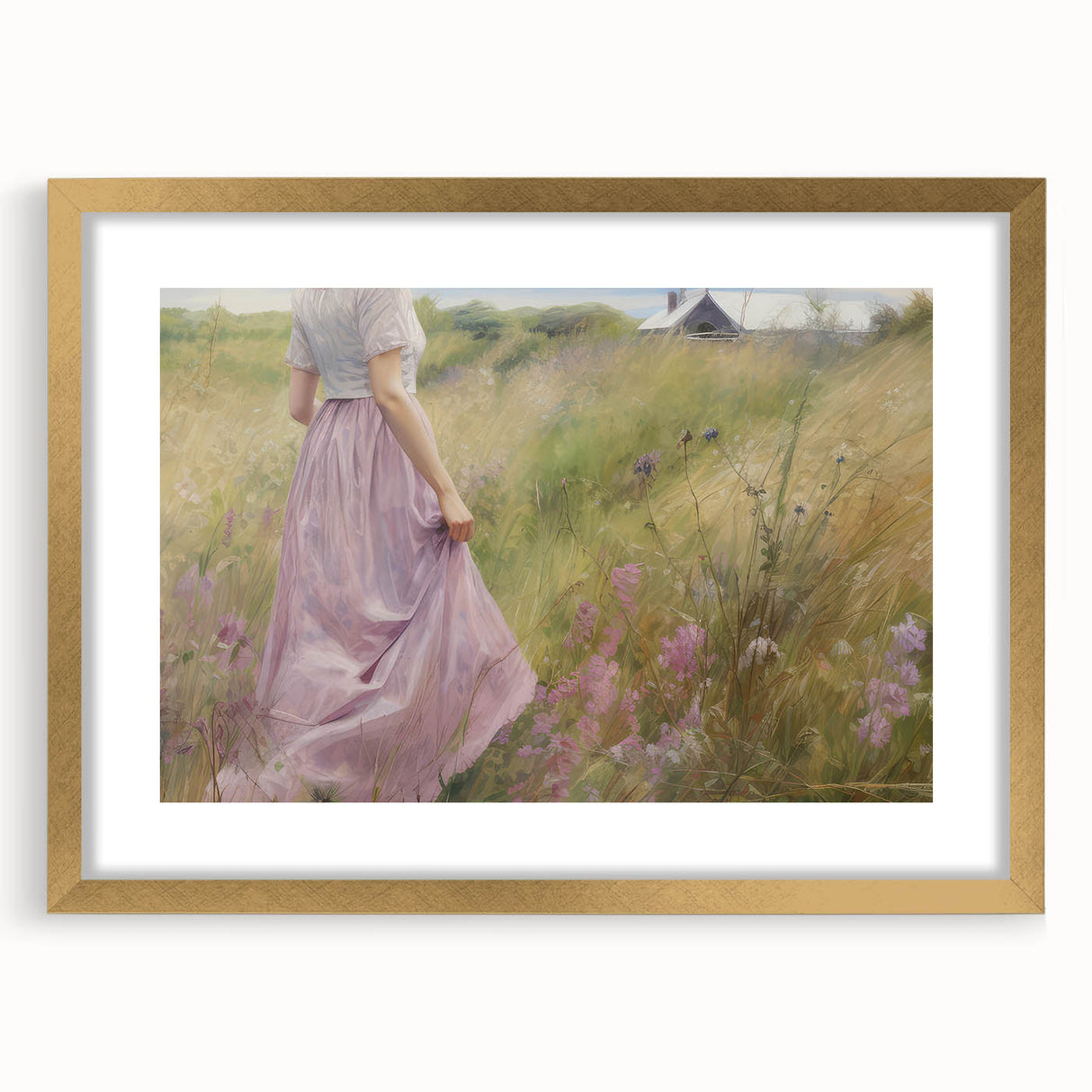 Vintage Portrait Art | Woman in Flower Field with Lilac Dress