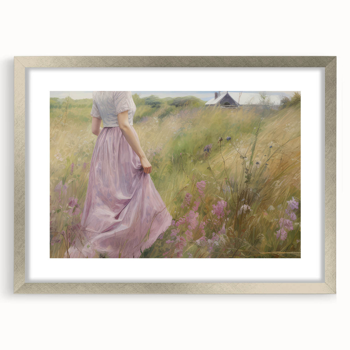 Vintage Portrait Art | Woman in Flower Field with Lilac Dress
