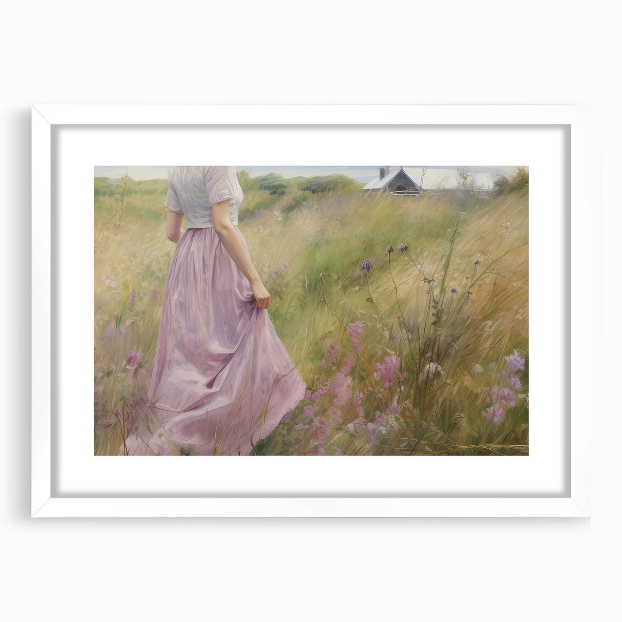 Vintage Portrait Art | Woman in Flower Field with Lilac Dress