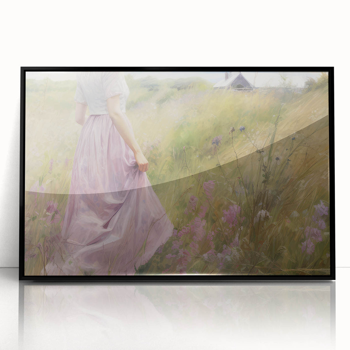Vintage Portrait Art | Woman in Flower Field with Lilac Dress