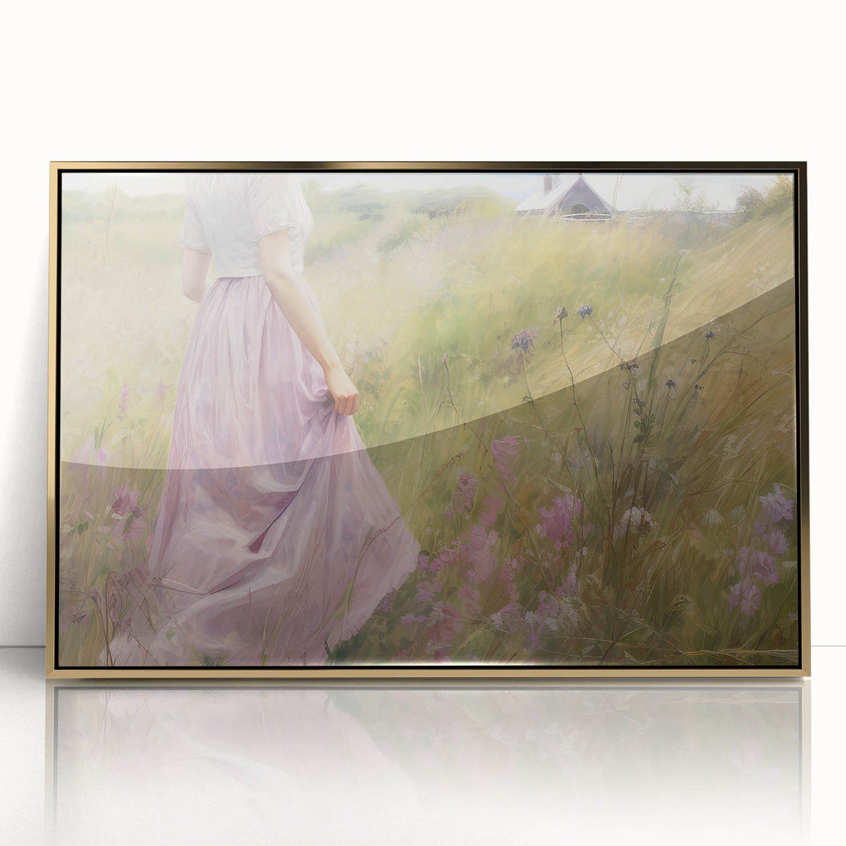Vintage Portrait Art | Woman in Flower Field with Lilac Dress
