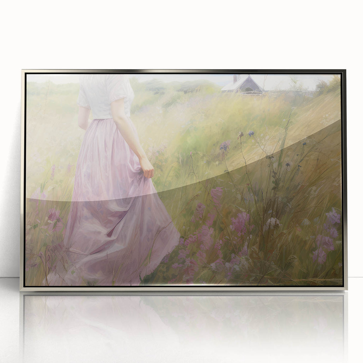 Vintage Portrait Art | Woman in Flower Field with Lilac Dress